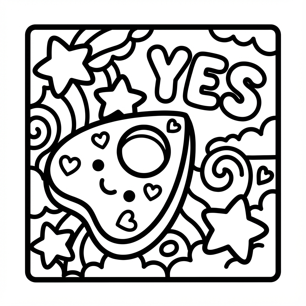 Planchette with hearts and the word YES, great for bold line coloring pages and simple coloring pages with thick lines.